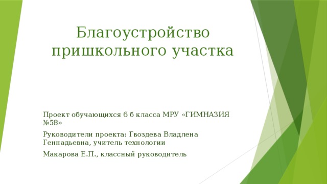 Благоустройство пришкольного участка Проект обучающихся 6 б класса МРУ «ГИМНАЗИЯ №58» Руководители проекта: Гвоздева Владлена Геннадьевна, учитель технологии Макарова Е.П., классный руководитель 