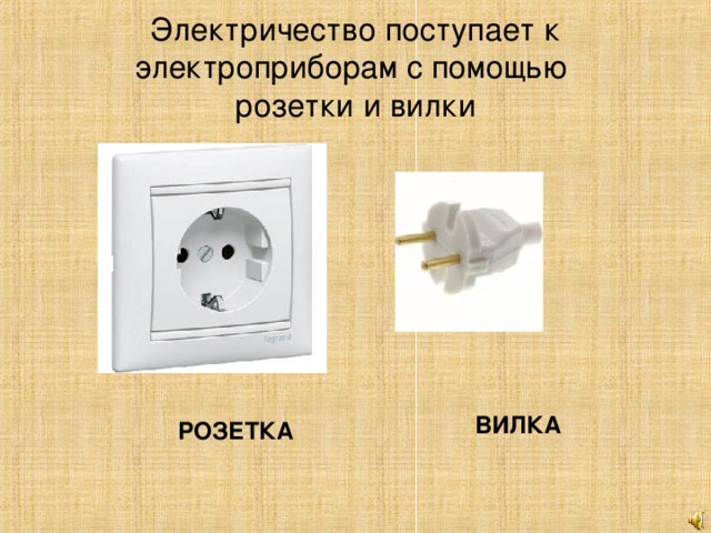 Электричество поступает к электроприборам с помощью  розетки и вилки ВИЛКА РОЗЕТКА