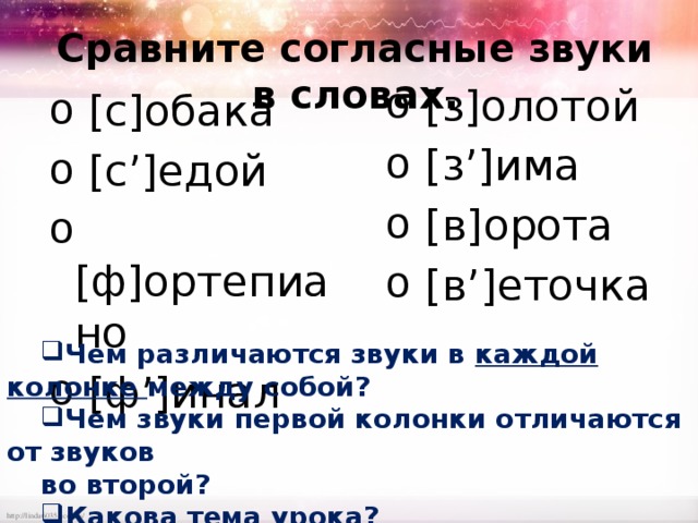 Сравните согласные звуки в словах.  [з]олотой  [з’]има  [в]орота  [в’]еточка  [c]обака  [с’]едой  [ф]ортепиано  [ф’]инал Чем различаются звуки в каждой колонке между собой? Чем звуки первой колонки отличаются от звуков во второй? Какова тема урока? 