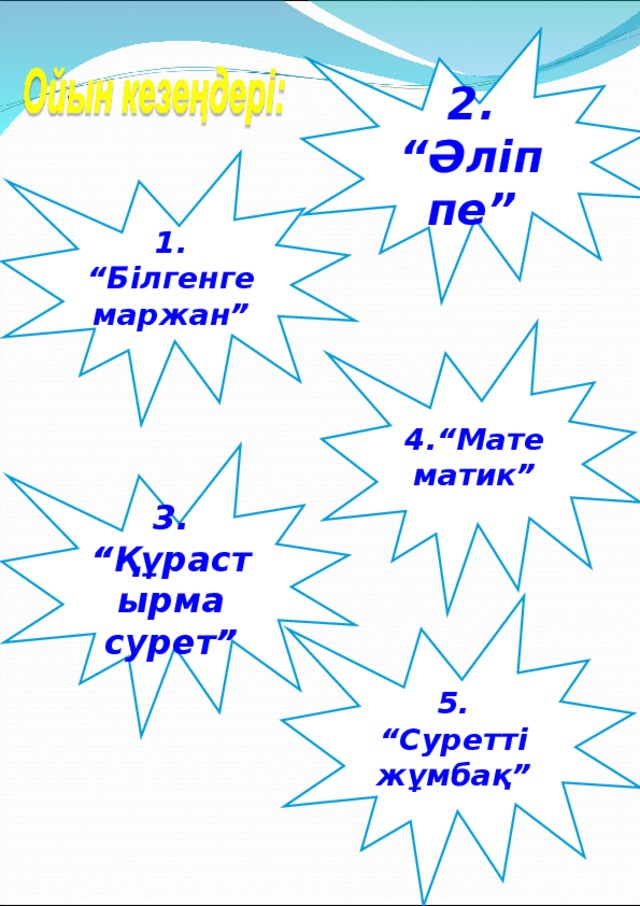 2 . “Әліппе” 1 . “Білгенге маржан” 4. “Математик” 3 . “Құрастырма сурет” 5. “Суретті жұмбақ” 