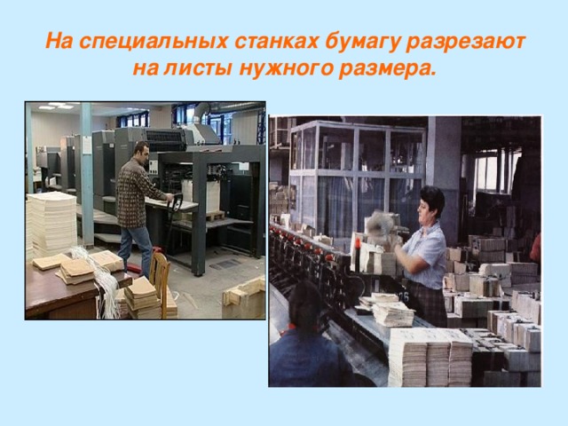 На специальных станках бумагу разрезают на листы нужного размера. 