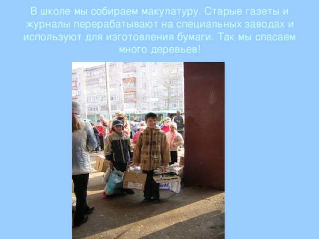 В школе мы собираем макулатуру. Старые газеты и журналы перерабатывают на специальных заводах и используют для изготовления бумаги. Так мы спасаем много деревьев! 