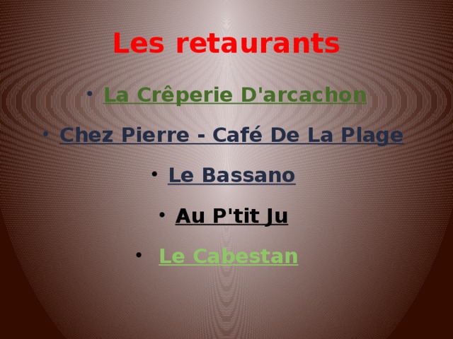 Les retaurants La Crêperie D'arcachon Chez Pierre - Café De La Plage   Le Bassano   Au P'tit Ju     Le Cabestan    