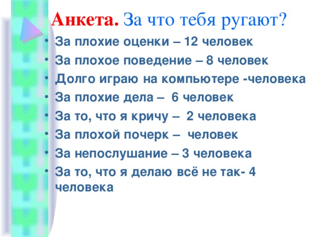 Анкета. За что тебя ругают? За плохие оценки – 12 человек За плохое поведение – 8 человек Долго играю на компьютере -человека За плохие дела – 6 человек За то, что я кричу – 2 человека За плохой почерк – человек За непослушание – 3 человека За то, что я делаю всё не так- 4 человека  