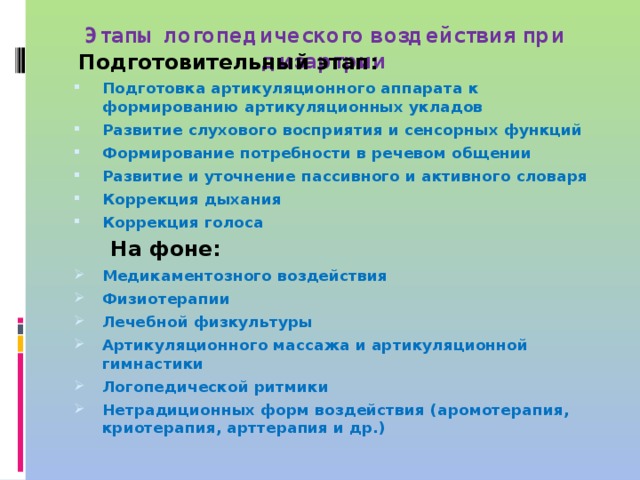 Этапы логопедического воздействия при дизартрии    Подготовительный этап: Подготовка артикуляционного аппарата к формированию артикуляционных укладов Развитие слухового восприятия и сенсорных функций Формирование потребности в речевом общении Развитие и уточнение пассивного и активного словаря Коррекция дыхания Коррекция голоса  На фоне: Медикаментозного воздействия Физиотерапии Лечебной физкультуры Артикуляционного массажа и артикуляционной гимнастики Логопедической ритмики Нетрадиционных форм воздействия (аромотерапия, криотерапия, арттерапия и др.)     