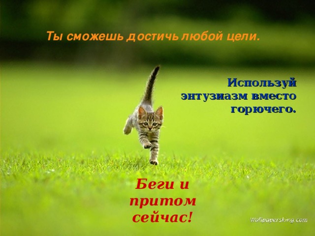 Ты сможешь достичь любой цели. Используй энтузиазм вместо горючего. Беги и притом сейчас! 