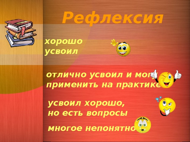 Рефлексия хорошо усвоил отлично усвоил и могу применить на практике усвоил хорошо, но есть вопросы многое непонятно  