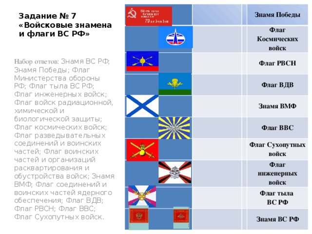         Знамя Победы   Флаг Космических войск       Флаг РВСН       Флаг ВДВ     Знамя ВМФ     Флаг ВВС Флаг Сухопутных войск       Флаг инженерных войск   Флаг тыла   ВС РФ Знамя ВС РФ Задание № 7  «Войсковые знамена и флаги ВС РФ»   Набор ответов: Знамя ВС РФ; Знамя Победы; Флаг Министерства обороны РФ; Флаг тыла ВС РФ; Флаг инженерных войск; Флаг войск радиационной, химической и биологической защиты; Флаг космических войск; Флаг разведывательных соединений и воинских частей; Флаг воинских частей и организаций расквартирования и обустройства войск; Знамя ВМФ; Флаг соединений и воинских частей ядерного обеспечения; Флаг ВДВ; Флаг РВСН; Флаг ВВС; Флаг Сухопутных войск.