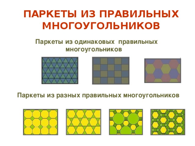 ПАРКЕТЫ ИЗ ПРАВИЛЬНЫХ МНОГОУГОЛЬНИКОВ Паркеты из одинаковых правильных многоугольников Паркеты из разных правильных многоугольников 