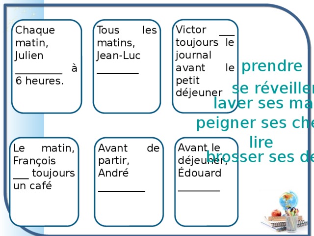 Victor ___ toujours le journal avant le petit déjeuner Tous les matins, Jean-Luc ________ Chaque matin, Julien _________ à 6 heures. prendre se réveiller laver ses mains peigner ses cheveux lire Le matin, François ___ toujours un caf é Avant de partir, André _________ Avant le déjeuner, Édouard ________ brosser ses dents 