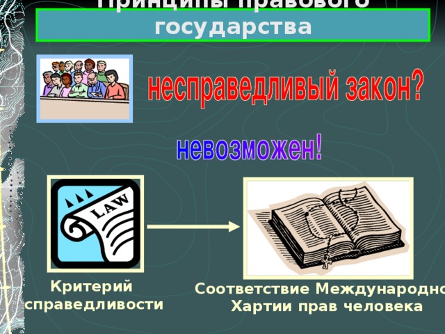 Принципы правового государства Критерий справедливости Соответствие Международной Хартии прав человека 