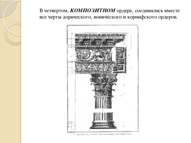  В четвертом, КОМПОЗИТНОМ  ордере, соединились вместе все черты дорического, ионического и коринфского ордеров. 