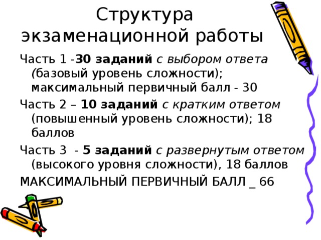  Структура экзаменационной работы Часть 1 - 30 заданий  с выбором ответа ( базовый уровень сложности); максимальный первичный балл - 30 Часть 2 – 10 заданий  с кратким  ответом (повышенный уровень сложности); 18 баллов Часть 3 - 5 заданий  с развернутым  ответом (высокого уровня сложности), 18 баллов МАКСИМАЛЬНЫЙ ПЕРВИЧНЫЙ БАЛЛ _ 66 
