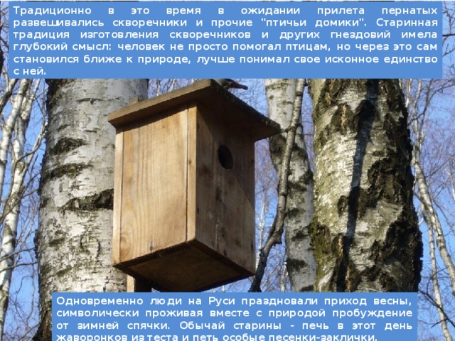 Традиционно в это время в ожидании прилета пернатых развешивались скворечники и прочие 