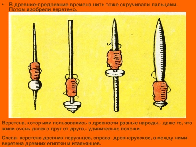 В древние-предревние времена нить тоже скручивали пальцами. Потом изобрели веретено. Веретена, которыми пользовались в древности разные народы,- даже те, что жили очень далеко друг от друга,- удивительно похожи. Слева- веретено древних перуанцев, справа- древнерусское, а между ними- веретена древних египтян и итальянцев. 
