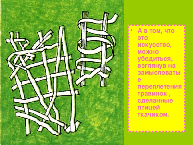 А в том, что это искусство, можно убедиться, взглянув на замысловатые переплетения травинок , сделанные птицей ткачиком. 