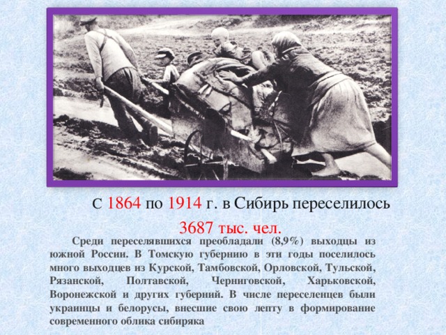   С  1864 по 1914 г. в Сибирь переселилось   С  1864 по 1914 г. в Сибирь переселилось 3687  тыс. чел. 3687  тыс. чел. Среди переселявшихся преобладали (8,9%) выходцы из южной России. В Томскую губернию в эти годы поселилось много выходцев из Курской, Тамбовской, Орловской, Тульской, Рязанской, Полтавской, Черниговской, Харьковской, Воронежской и других губерний. В числе переселенцев были украинцы и белорусы, внесшие свою лепту в формирование современного облика сибиряка 