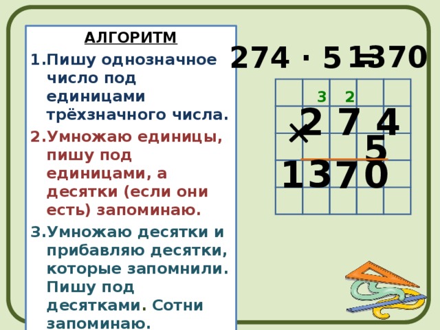 АЛГОРИТМ Пишу однозначное число под единицами трёхзначного числа. Умножаю единицы, пишу под единицами, а десятки (если они есть) запоминаю. Умножаю десятки и прибавляю десятки, которые запомнили. Пишу под десятками . Сотни запоминаю. Умножаю сотни. Пишу под сотнями. Читаю ответ. 1370 274 · 5 = 2 3 2 7 4 5 3 0 1 7 