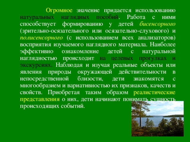   Огромное значение придается использованию натуральных наглядных пособий . Работа с ними способствует формированию у детей  бисенсорного (зрительно-осязательного или осязательно-слухового) и  полисенсорного (с использованием всех анализаторов) восприятия изучаемого наглядного материала. Наиболее эффективно ознакомление детей с натуральной наглядностью происходит на целевых прогулках и экскурсиях. Наблюдая и изучая реальные объекты или явления природы окружающей действительности в непосредственной близости, дети знакомятся с многообразием и вариативностью их признаков, качеств и свойств. Приобретая таким образом реалистические представления  о них, дети начинают понимать сущность происходящих событий. 