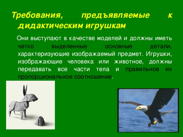 Требования, предъявляемые к дидактическим игрушкам  Они выступают в качестве моделей и должны иметь четко выделенные основные детали, характеризующие изображаемый предмет. Игрушки, изображающие человека или животное, должны передавать все части тела и правильное их пропорциональное соотношение . 