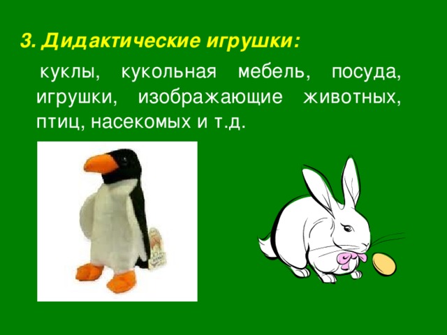 3. Дидактические игрушки:  куклы, кукольная мебель, посуда, игрушки, изображающие животных, птиц, насекомых и т.д. 