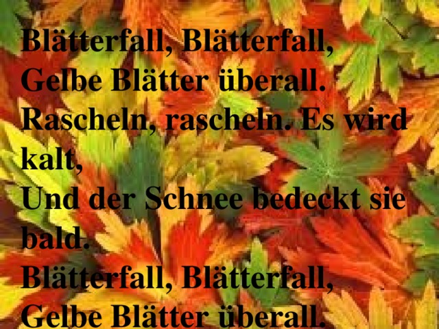 Blätterfall, Blätterfall,   Gelbe Blätter überall.   Rascheln, rascheln. Es wird kalt,   Und der Schnee bedeckt sie bald.   Blätterfall, Blätterfall,   Gelbe Blätter überall.