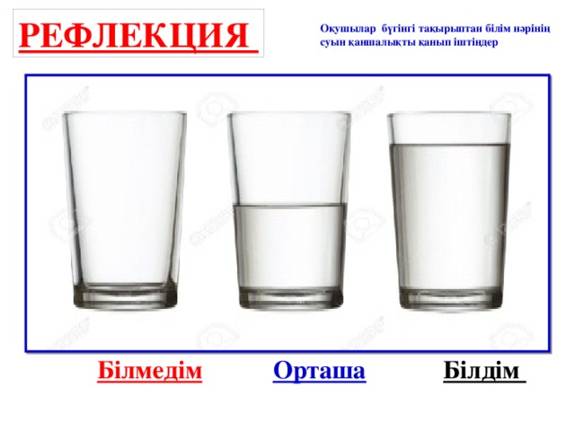 Рефлекция Оқушылар бүгінгі тақырыптан білім нәрінің суын қаншалықты қанып іштіңдер  Білмедім   Орташа   Білдім 