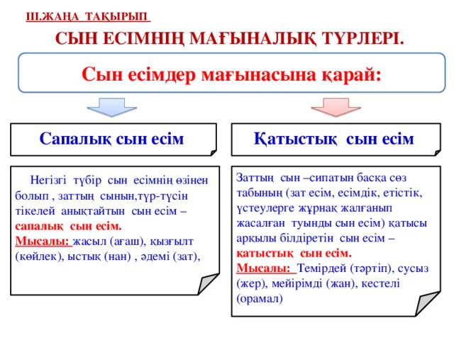 ІІІ.Жаңа тақырып Сын есімнің мағыналық түрлері. Сын есімдер мағынасына қарай: Сапалық сын есім Қатыстық сын есім Заттың сын –сипатын басқа сөз табының (зат есім, есімдік, етістік, үстеулерге жұрнақ жалғанып жасалған туынды сын есім) қатысы арқылы білдіретін сын есім – қатыстық сын есім.  Негізгі түбір сын есімнің өзінен болып , заттың сынын,түр-түсін тікелей анықтайтын сын есім – сапалық сын есім. Мысалы: Темірдей (тәртіп), сусыз (жер), мейірімді (жан), кестелі (орамал) Мысалы: жасыл (ағаш), қызғылт (көйлек), ыстық (нан) , әдемі (зат), 