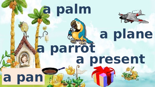 a palm a plane a parrot a present a pan 