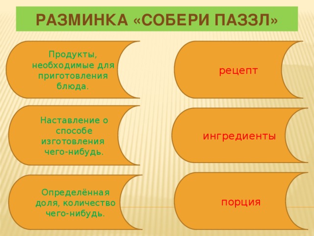   Разминка «Собери паззл»    Продукты, необходимые для приготовления блюда. рецепт Наставление о способе изготовления чего-нибудь. ингредиенты порция Определённая доля, количество чего-нибудь. 