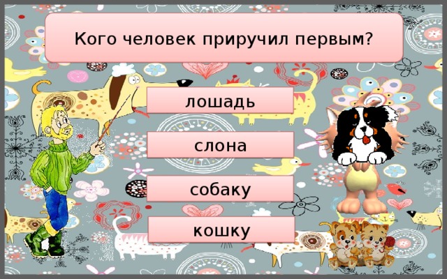 Кого человек приручил первым? лошадь слона собаку кошку 