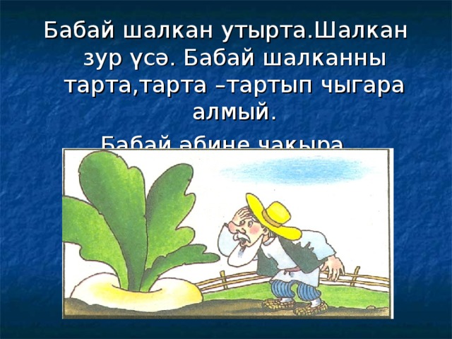 Бабай шалкан утырта.Шалкан зур үсә. Бабай шалканны тарта,тарта –тартып чыгара алмый. Бабай әбине чакыра. 