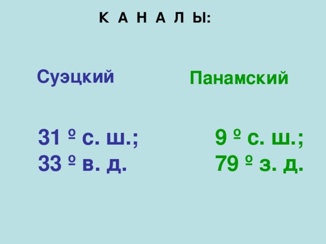 К А Н А Л Ы:  Суэцкий Панамский 31 º с. ш.; 33 º в. д. 9  º с.  ш. ;  79  º з.  д. 