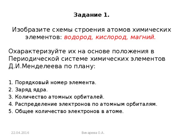 Задание 1.   Изобразите схемы строения атомов химических элементов: водород, кислород, магний. Охарактеризуйте их на основе положения в Периодической системе химических элементов Д.И.Менделеева по плану: 1. Порядковый номер элемента. 2. Заряд ядра. 3. Количество атомных орбиталей. 4. Распределение электронов по атомным орбиталям. 5. Общее количество электронов в атоме. 22.04.2016 Вихарева О.А. 