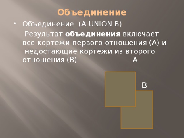 Объединение   Объединение (A UNION B)  Результат объединения включает все кортежи первого отношения (А) и недостающие кортежи из второго отношения (В)        А В 