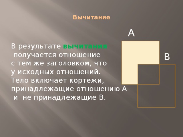  Вычитание   А В результате вычитания   получается отношение с тем же заголовком, что у исходных отношений. Тело включает кортежи, принадлежащие отношению А  и не принадлежащие В. В 