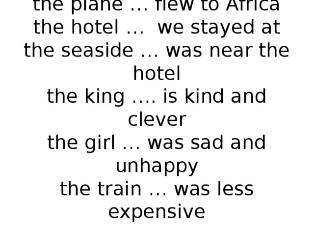 the plane … flew to Africa  the hotel … we stayed at  the seaside … was near the hotel  the king …. is kind and clever  the girl … was sad and unhappy  the train … was less expensive   