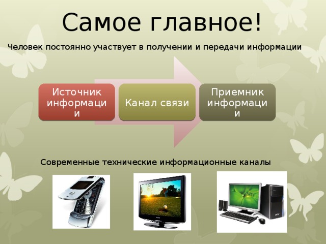 Самое главное! Человек постоянно участвует в получении и передачи информации Источник информации Канал связи Приемник информации Современные технические информационные каналы 