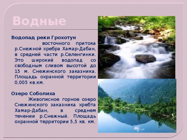 Водные Водопад реки Грохотун   восточного притока р.Снежной хребра Хамар-Дабан, в средней части р.Селенгинки. Это широкий водопад со свободным сливом высотой до 15 м. Снежинского заказника. Площадь охранной территории 0,005 кв.км. Озеро Соболиха  Живописное горное озеро Снежинского заказника хребта Хамар-Дабан, в среднем течении р.Снежный. Площадь охранной территории 5,5 кв. км. 