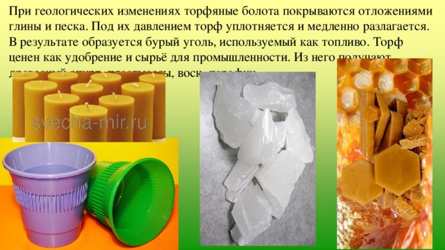 При геологических изменениях торфяные болота покрываются отложениями глины и песка. Под их давлением торф уплотняется и медленно разлагается. В результате образуется бурый уголь, используемый как топливо. Торф ценен как удобрение и сырьё для промышленности. Из него получают древесный спирт, пластмассы, воск, парафин. 
