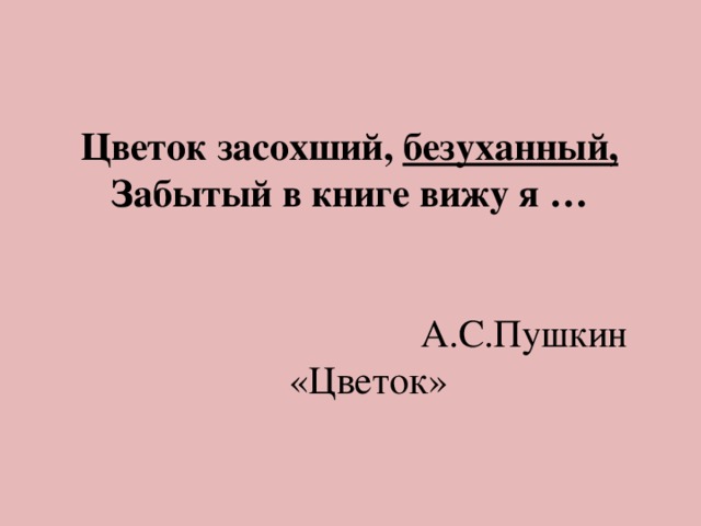 Цветок засохший, безуханный,  Забытый в книге вижу я …    А.С.Пушкин «Цветок» 