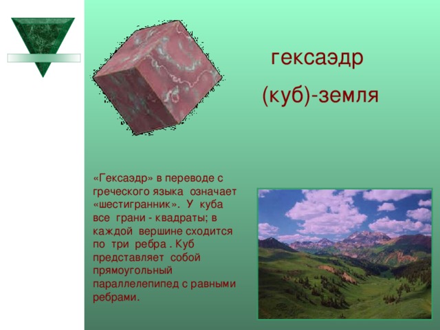 гексаэдр  (куб)-земля «Гексаэдр» в переводе с греческого языка означает «шестигранник». У куба все грани - квадраты; в каждой вершине сходится по три ребра . Куб представляет собой прямоугольный параллелепипед с равными ребрами. 