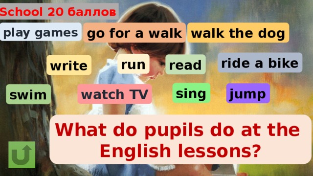School 20 баллов go for a walk walk the dog play games ride a bike run read write sing jump watch TV swim What do pupils do at the English lessons? 