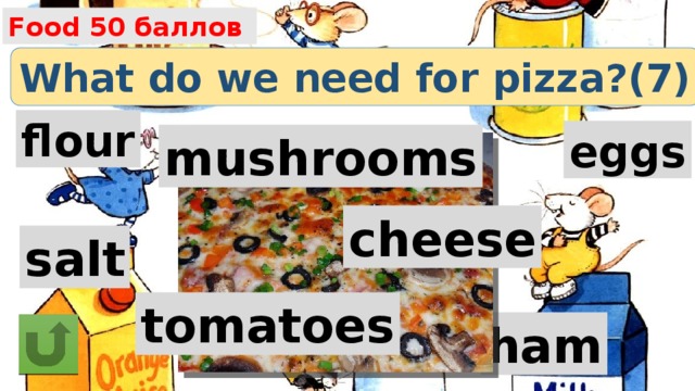 Food 50 баллов What do we need for pizza?(7) flour eggs mushrooms cheese salt tomatoes ham 