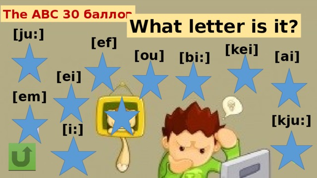 The ABC 30 баллов What letter is it? [ju:] [ef] [kei] [ou] [ai] [bi:] U F K [ei] O B I [em] A [kju:] M [i:] Q E 