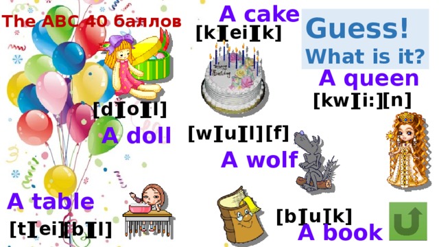 A cake The ABC 40 баллов Guess! What is it? [k] [k] [ei] A queen [n] [i:] [kw] [l] [o] [d] [f] A doll [l] [u] [w] A wolf A table [k] [u] [b] [t] [ei] [b] [l] A book 