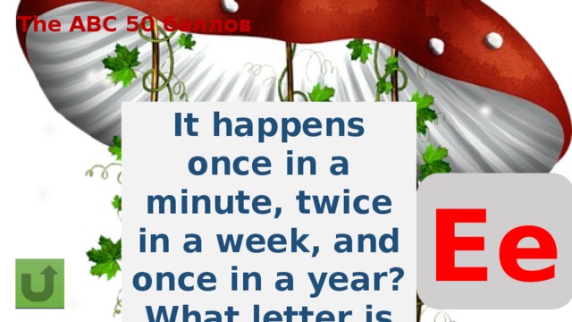 The ABC 50 баллов It happens once in a minute, twice in a week, and once in a year? What letter is it? Ee 
