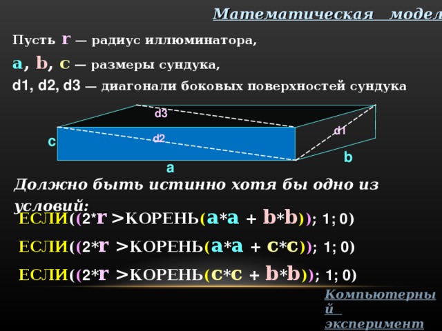 Задача 3 .  Через иллюминатор затонувшего корабля требуется вытащить сундук с драгоценностями. Удастся ли это сделать? Решение. Постановка задачи  Пусть иллюминатор корабля имеет форму  круга , а  сундук имеет форму  параллелепипеда.  Чтобы вытащить сундук, необходимо, чтобы  диаметр иллюминатора  был  больше  любой из трех  диагоналей поверхности сундука . d3 d1 c d2 b a 