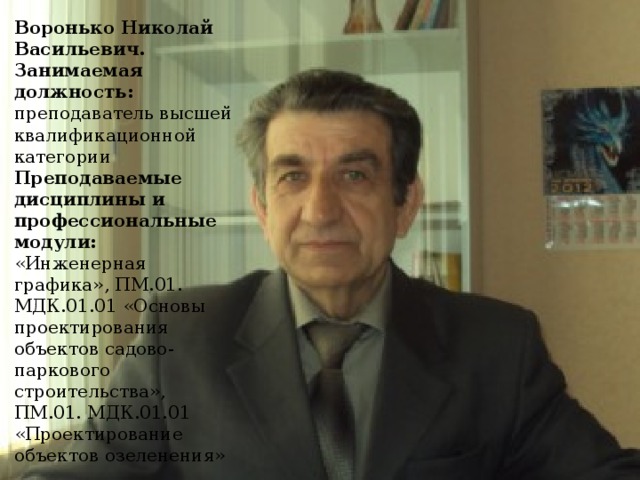 Воронько Николай Васильевич.  Занимаемая должность: преподаватель высшей квалификационной категории  Преподаваемые дисциплины и профессиональные модули: «Инженерная графика», ПМ.01. МДК.01.01 «Основы проектирования объектов садово-паркового строительства», ПМ.01. МДК.01.01 «Проектирование объектов озеленения» 