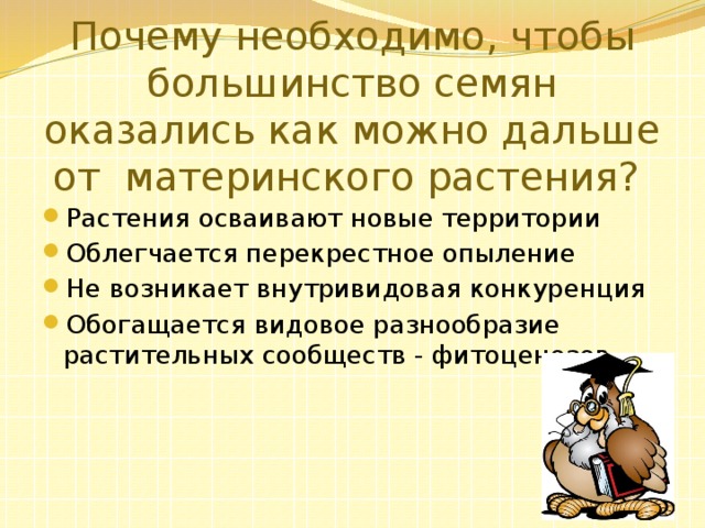 Почему необходимо, чтобы большинство семян оказались как можно дальше от материнского растения? Растения осваивают новые территории Облегчается перекрестное опыление Не возникает внутривидовая конкуренция Обогащается видовое разнообразие растительных сообществ - фитоценозов 